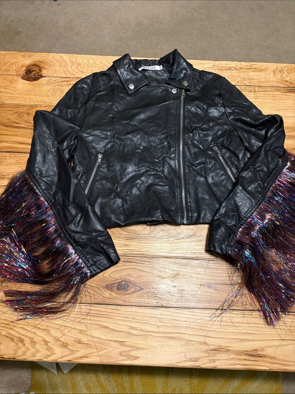 Black Faux Leather Moto Jacket with Multicolor Fringe Sleeves